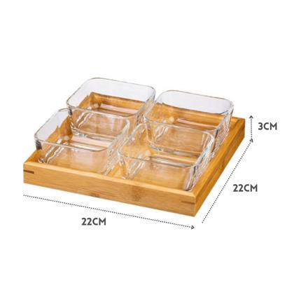 Imagem de Jogo Petisqueira 4 Potes Vidro Bandeja Bambu Tábua De Frios