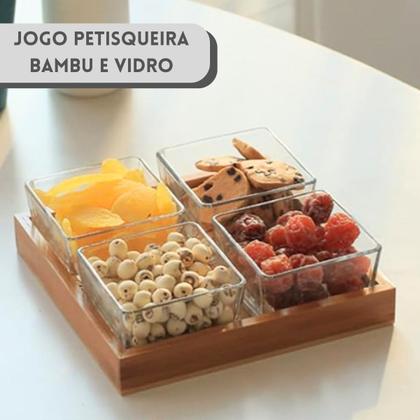 Imagem de Jogo Petisqueira 4 Potes Vidro Bandeja Bambu Tábua De Frios