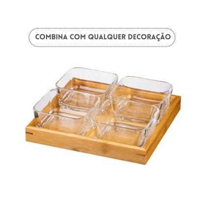 Imagem de Jogo Petisqueira 4 Potes Vidro Bandeja Bambu Tábua De Frios