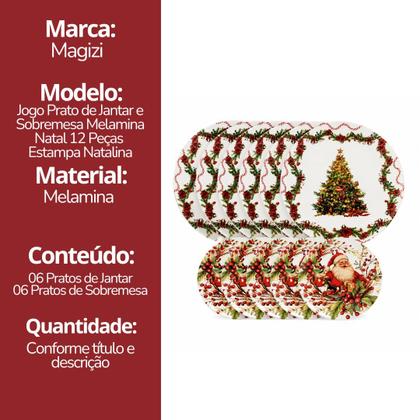 Imagem de Jogo Prato de Jantar e Sobremesa Natalino Melamina 12 Peças Papai Noel e Árvore de Natal- Magizi