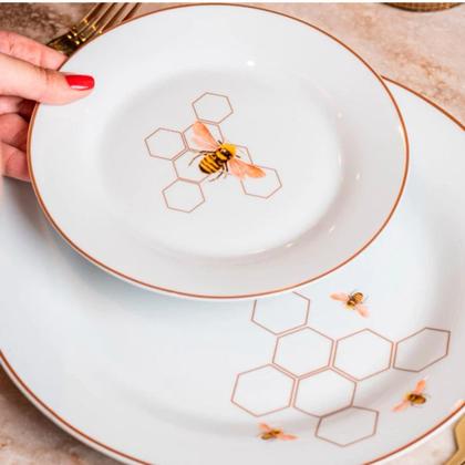 Imagem de Jogo Pratos Rasos Jantar Refeição 27cm Kit 6 Peças Abelha Porcelana Borda Marrom