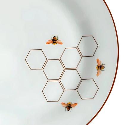 Imagem de Jogo Pratos Rasos Jantar Refeição 27cm Kit 6 Peças Abelha Porcelana Borda Marrom