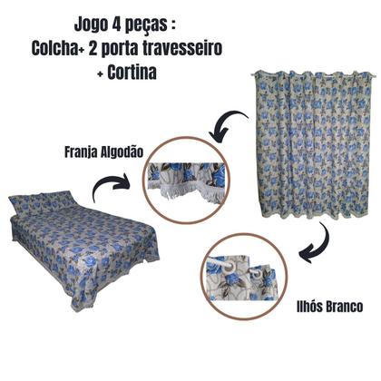 Imagem de Jogo Quarto Cobre Leito Colcha Casal Padrão 2 Porta travesseiros e Cortina 4 peças