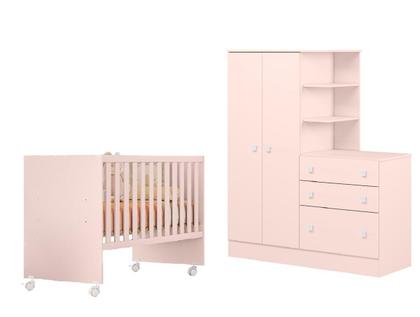 Imagem de Jogo Quarto De Bebê Berço E Roupeiro Cômoda 2 Portas 3 Gavetas - Rosa Acetinado Leartam Móveis