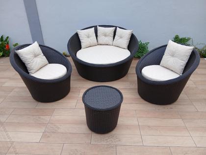 Imagem de Jogo Redondo Jardim Varanda Área Externa Composto Por 1 Chaise 2 Chaise Mini e 1 Mesa Centro, Extrtura de Alumínio e Fibra cor Tabaco