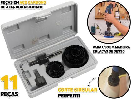 Imagem de Jogo Serra Copo Aço Temperado 11 Peças Profissional Para Madeira Compensado Gesso + Estojo