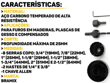 Imagem de Jogo Serra Copo Aço Temperado 11 Peças Profissional Para Madeira Compensado Gesso + Estojo