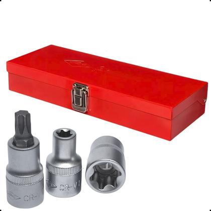 Imagem de Jogo Soquetes Bits Torx Automotivo Tapeceiro 16Pç C/Kit Extensao Alongador Cabo De Força 1/2 Pol CRV