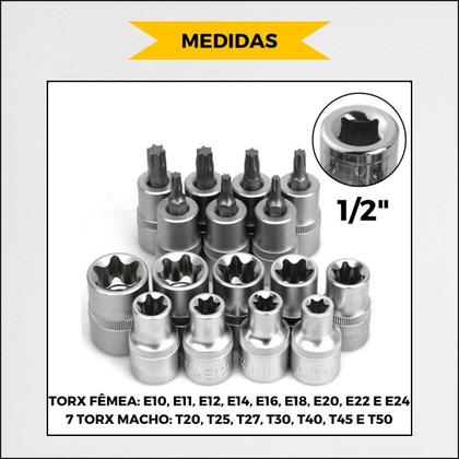 Imagem de Jogo Soquetes Bits Torx Automotivo Tapeceiro 16Pç C/Kit Extensao Alongador Cabo De Força 1/2 Pol CRV