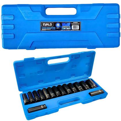 Jogo Soquetes Longos de Impacto 1/2 POL de 10 a 27 MM Kit 15 Peças EVSLI-15 EVALD Imagem de Jogo Soquetes Longos de Impacto 1/2 POL de 10 a 27 MM Kit 15 Peças EVSLI-15 EVALD