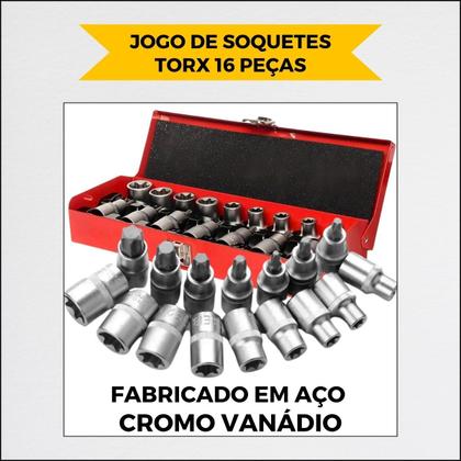 Imagem de Jogo Soquetes Torx Macho Femea Profissional Automotivo Tapeceiro C/ Cabo De Força 1/2 Pol Maleta CRV