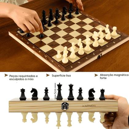 Imagem de Jogo Tabuleiro Madeira 3 Em 1 Xadrez Gamão Dama Magnético