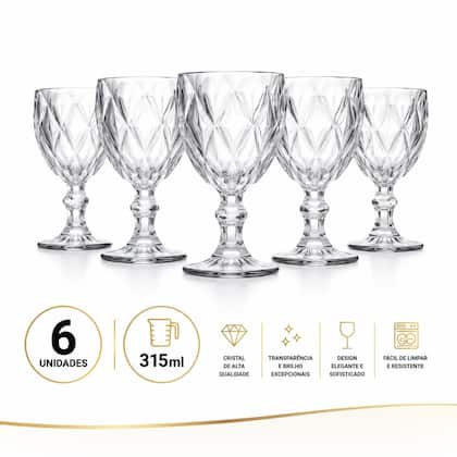 Jogo Taças Transparentes 315 ml 6 Unidades Cristal Suco Agua Vidro Transparência Impecável diamante - Dyanna