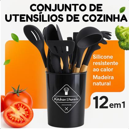 Imagem de Jogo Talheres Cozinha Silicone Cabo Madeira 12 Peças