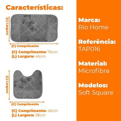 Imagem de Jogo Tapete Banheiro Microfibra Antiderrapante Soft Square 2