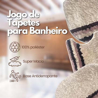 Imagem de Jogo Tapete de Banheiro Antiderrapante 3 Peças Cor Areia Bege com Listras