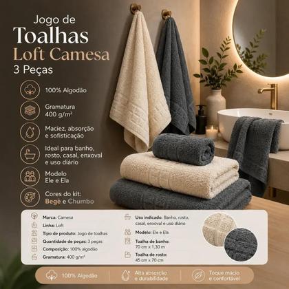 Imagem de Jogo Toalhas Banho Camesa Loft 3 Peças 100% Algodão Rosê Chumbo Casal