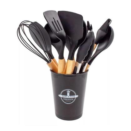 Imagem de Jogo Utensílios Cozinha Em Silicone Madeira 12 Peças Preto
