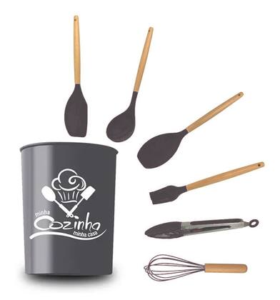 Imagem de Jogo Utensilios de Cozinha Silicone 7 peças Madeira Cinza