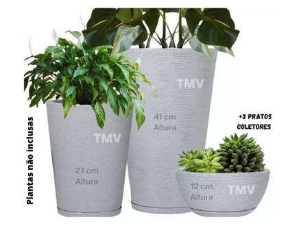 Imagem de Jogo Vasos Luxo Grafiato Planta Casa Jardim Decoração P M G-Cinza