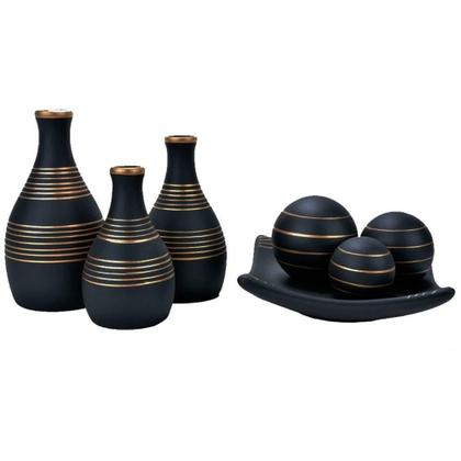 Imagem de Jogo Vasos Trio Garrafas E Centro Mesa 3 Esferas Fosca Black