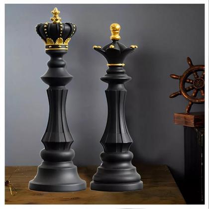 Imagem de Jogo Xadrez Rei Rainha Dupla Preto Cerâmica Enfeite De Mesa