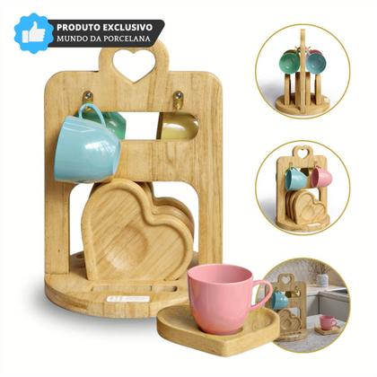 Imagem de Jogo Xicara Café Colorida Porcelana com Pires e Suporte Madeira - Mundo da Porcelana