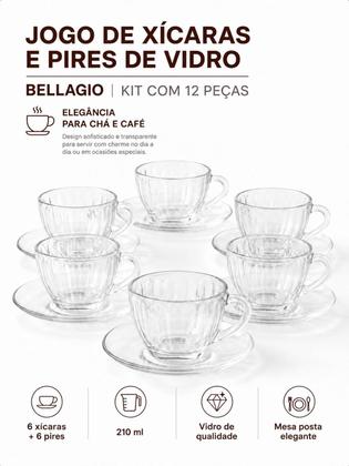 Imagem de Jogo Xícara de Café Chá Caneca de Vidro Pires 12 Peças 210ml