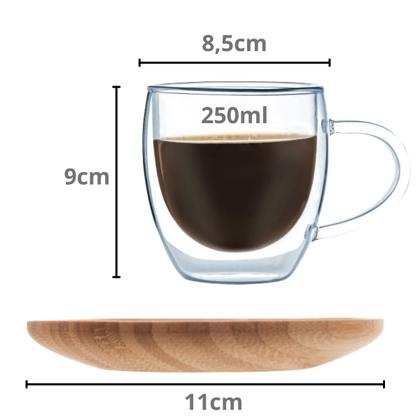 Imagem de Jogo Xicara Vidro Duplo Caneca Parede Dupla 4un 250ml Com Pires de Bambu