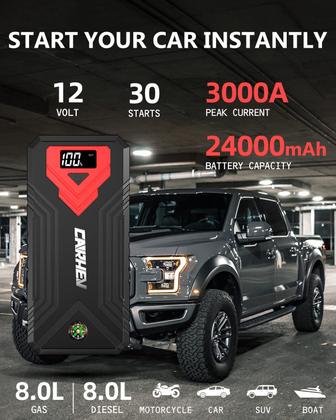 Imagem de Jump Starter CARHEV 3000A 24000mAh - Para Carros a Gasolina e Diesel (até 8.0L)