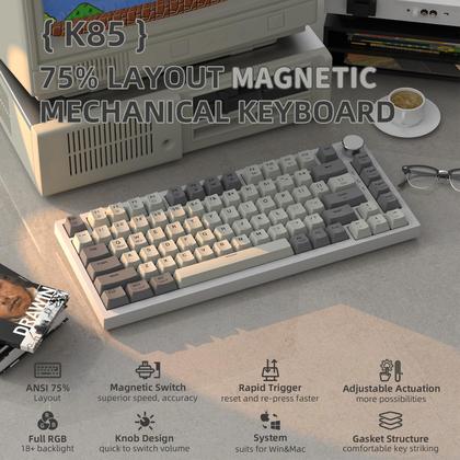 Imagem de Junta de teclado mecânico para jogos ATTACK SHARK K85 Rapid Trigger com 75% de fio com interruptor magnético de atuação ajustável trocado a quente, botão programável TKL RGB, teclas PBT retroiluminadas para Win Mac Gamer (cinza)