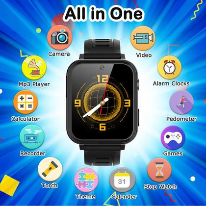Imagem de Kids Game Smart Watch para crianças com 24 jogos de quebra-cabeça Câmera HD com tela sensível ao toque, tocador de música, pedômetro, despertador, calculadora, lanterna, relógios infantis de 12/24 horas, presente para meninos de 4 a 12 anos, brinquedos para crianças