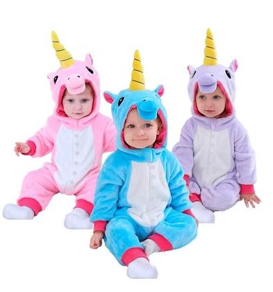 Imagem de Kigurumi Bebê Menina ou Menino de Unicornio Fantasia Pijama de Inverno Quentinho com Capuz Bordado Rosa Azul ou Roxo