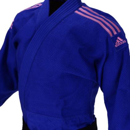 Imagem de Kimono Judô Adidas Quest J690 Azul com Faixas Bordadas Rosa