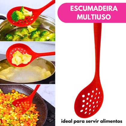Imagem de Kit 01 Escumadeira Universal E 01 Colher Arroz Grande Panela Teflon Cerâmico Em Silicone Maciço