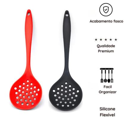 Imagem de Kit 01 Escumadeira Universal E 01 Colher Arroz Grande Panela Teflon Cerâmico Em Silicone Maciço