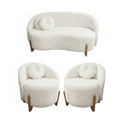 Imagem de Kit 01 Sofá 2 Lugares + 02 Poltronas Orgânicos c/ Almofadas Curvo Sala Recepção Amsterdã Boucle Branco - Montanari's Decor