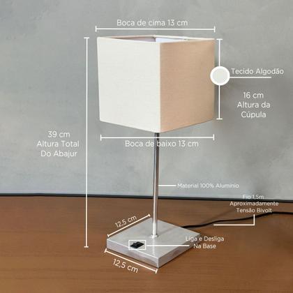 Imagem de Kit 02 Abajur Luminária de Mesa Quadrado Escovado Com Interruptor com Cúpula Bege Decoração Casa