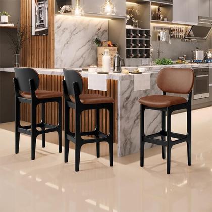 Imagem de Kit 02 Banquetas Alta Para Cozinha Madeira Fixa Betta L02 Preto material sintético Marrom - Lyam Decor