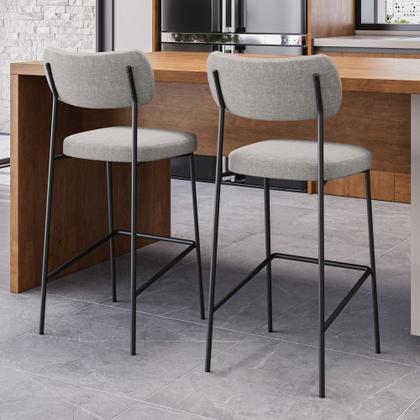 Imagem de Kit 02 Banquetas Altas Para Cozinha Lila Estofada com Encosto Linho Cinza - Desk Design
