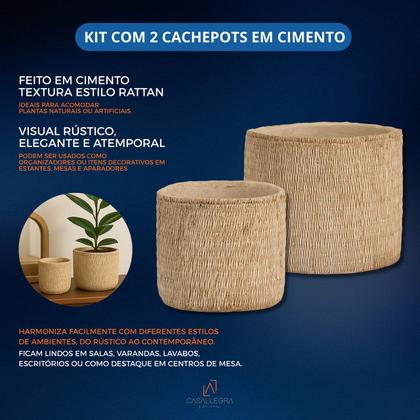 Imagem de Kit 02 Cachepots Em Cimento Vaso Decorativo Textura Rattan