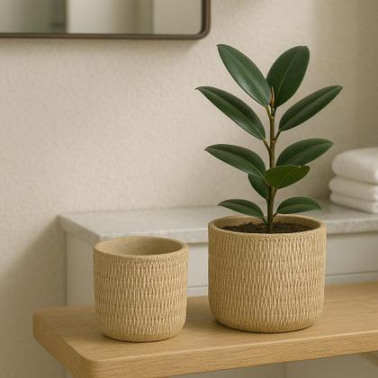 Imagem de Kit 02 Cachepots Em Cimento Vaso Decorativo Textura Rattan