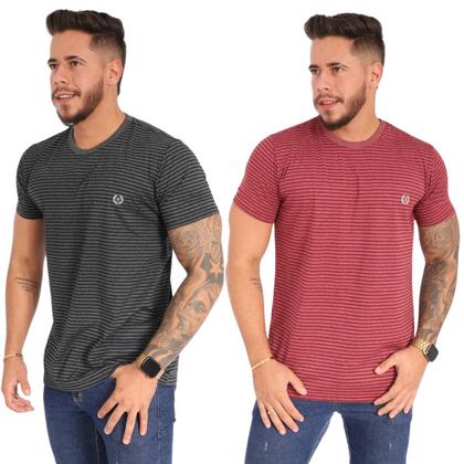 Imagem de Kit 02 Camisa Gola O Listrada Masculina Tecido Fio 30.1 100%Algodão
