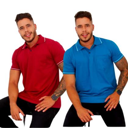 Imagem de Kit 02 Camisas  Gola Polo Masculina com Bolso Tecido Fio 30.1 100% Algodão ( Cores Variadas )