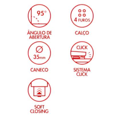 Imagem de Kit 02 Dobradiças Reta Amortecedor Click Para Móveis Portas