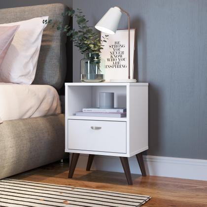 Imagem de Kit 02 Mesa de Cabeceira Nicho 39cm com Gaveta e Pés Palito Retrô Branca