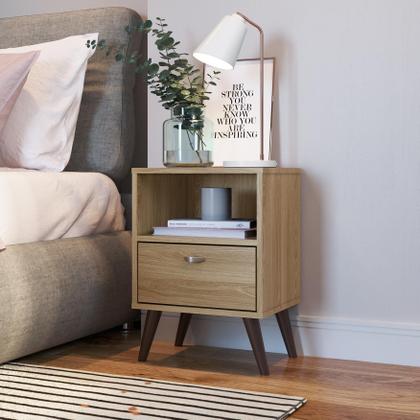 Imagem de Kit 02 Mesa de Cabeceira Nicho 39cm com Gaveta e Pés Palito Retrô Oak