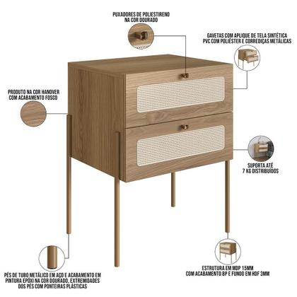 Imagem de Kit 02 Mesas de Cabeceira 02 Gavetas com Telinha Industrial Indy A03 Hanover Dourado - Lyam Decor