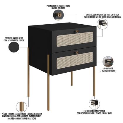 Imagem de Kit 02 Mesas de Cabeceira 02 Gavetas com Telinha Industrial Indy A03 Nero Dourado - Lyam Decor