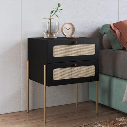 Imagem de Kit 02 Mesas de Cabeceira 02 Gavetas com Telinha Industrial Indy A03 Nero Dourado - Lyam Decor